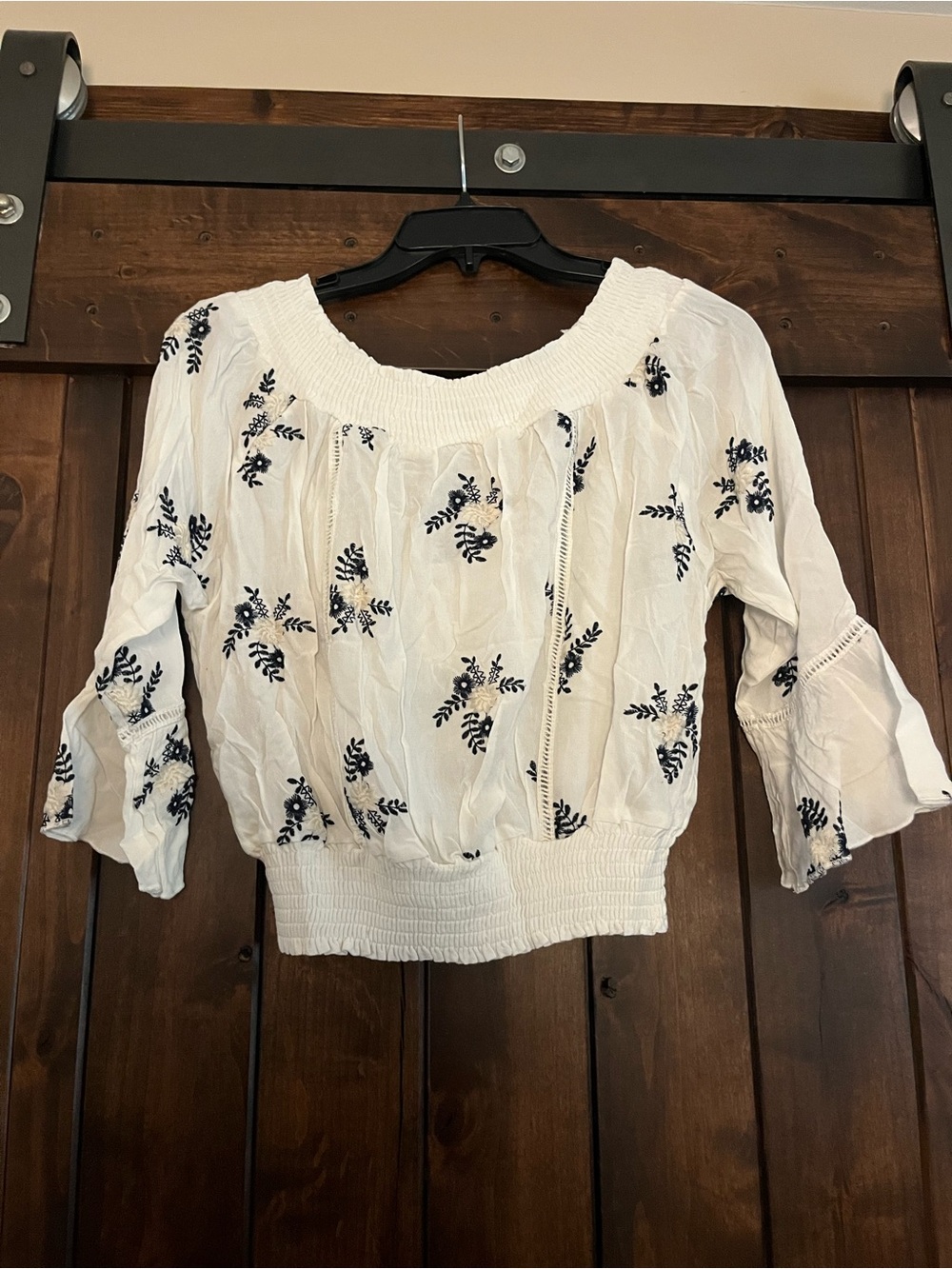 Smocked White Peasant Blouse with Navy Floral Embroidery
